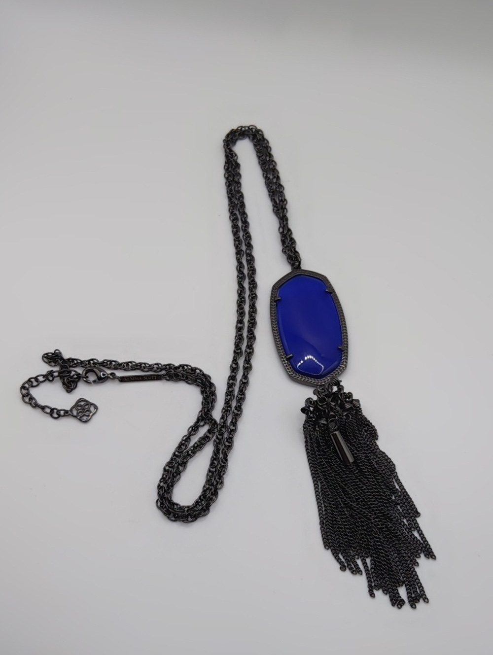 Kendra Scott Rayne Blue Cats Eye Pendant And Gunmetal Chain And Tassel Rare - Picture 1 of 6